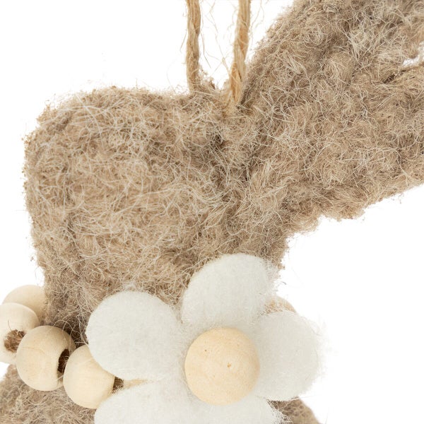 Osteranhänger in Hasenform aus Jute mit Holzperlen und Filzblüte als Dekoration