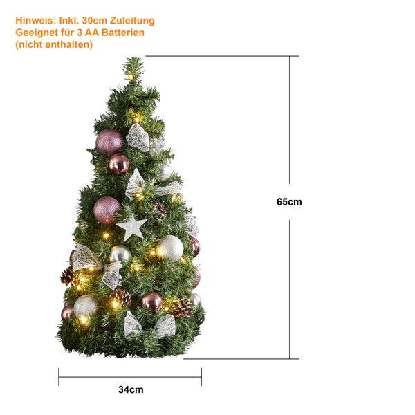 Geschmückter, kleiner Weihnachtsbaum mit Beleuchtung, Kugeln, Schleifen und Stern, Höhe 65 cm, Breite 34 cm