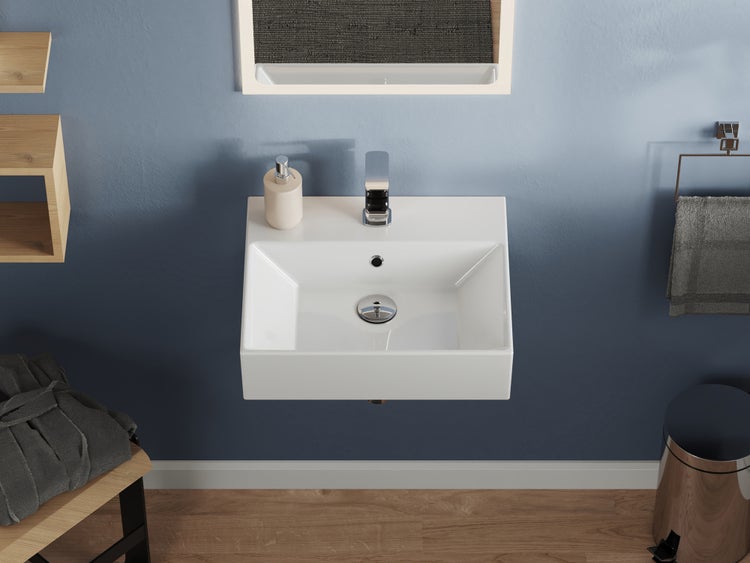 Aqua Bagno Loft KS.50 Waschtisch 50x42 cm – Keramik, Weiß Hochglanz, mit Hahnloch & Überlauf, wandhängend oder als Aufsatzwaschbecken