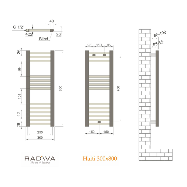 Radiva Badheizkörper 300x800 mm Schwarz inklusive Anschluss