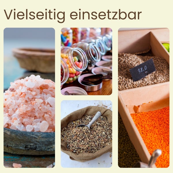 Collage verschiedener Lebensmittel, darunter Salz, Süßigkeiten, Müsli und Hülsenfrüchte, mit dem Text Vielseitig einsetzbar