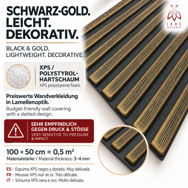 Wandverkleidung aus Polystyrol Hartschaum in Lamellenoptik mit Holzstruktur. Abmessungen 100 mal 50 Zentimeter, Materialstärke 3 bis 4 Millimeter.
