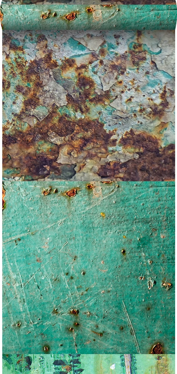 ESTAhome XXL-Vliestapete Patchwork rostige verwitterte Metallplatten Meeresgrün und Braun - 50 x 900 cm - 158203