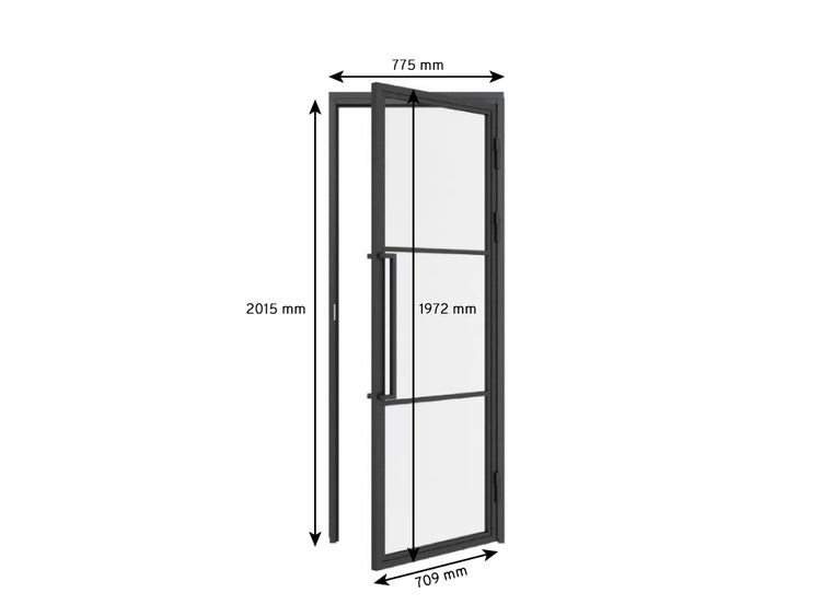 Glastür Komplettset mit Beschlag Loftstil 709x1972mm DIN Rechts  - Griffstange Drehtür