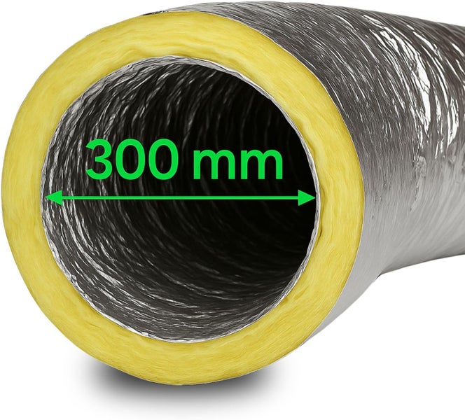 Isoliertes flexibles Lüftungsrohr aus Aluminium mit 300 Millimeter Innendurchmesser.