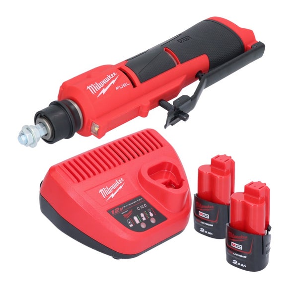 Milwaukee Akku-Stabschleifer M12 FUEL mit Ladegerät und zwei Akkus.