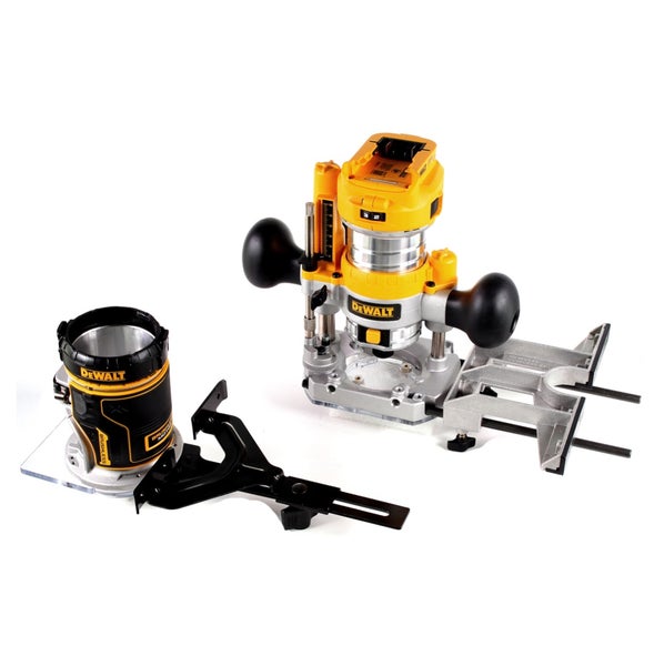 DeWALT Akku-Oberfräse und Kantenfräse Set in Gelb und Schwarz mit Zubehör und Parallelanschlag.