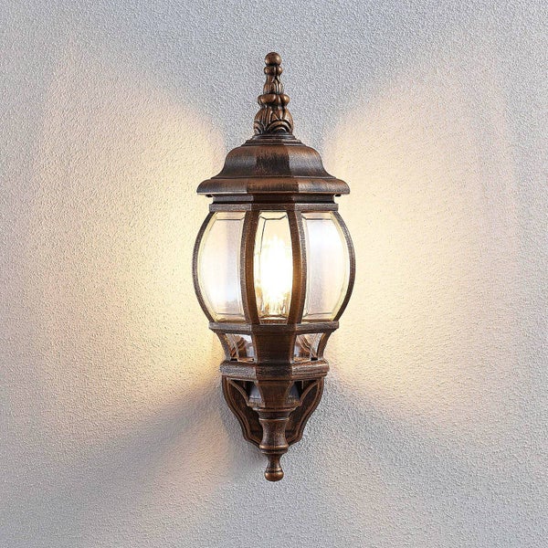 Lindby Wandlampe außen Laterne gold gebürstet, Aussenwandleuchte seewasserfest spritzwassergeschützt IP44 1xE27 max. 60W ohne Leuchtmittel Außenleuchte