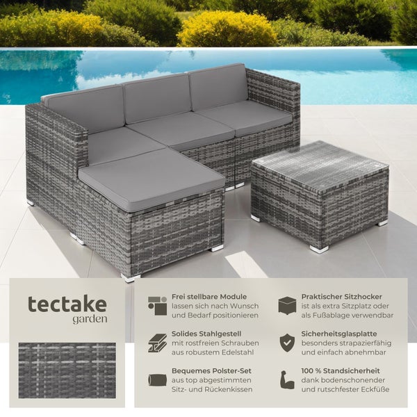 Rattan Lounge tectake Lignano variabel aufstellbar für 3 bis 4 Personen grau