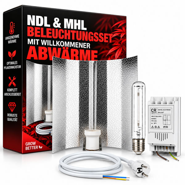 Beleuchtungsset für Pflanzen mit Reflektor, Natriumdampflampe, Metallhalogendampflampe und elektronischem Vorschaltgerät in Verpackung