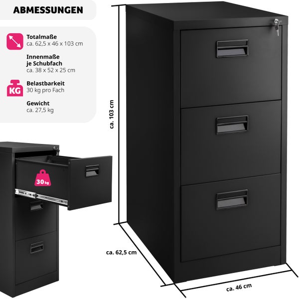 Aktenschrank tectake  62,4 x 46 x 102,8 cm aus pulverbeschichtetem Stahl schwarz