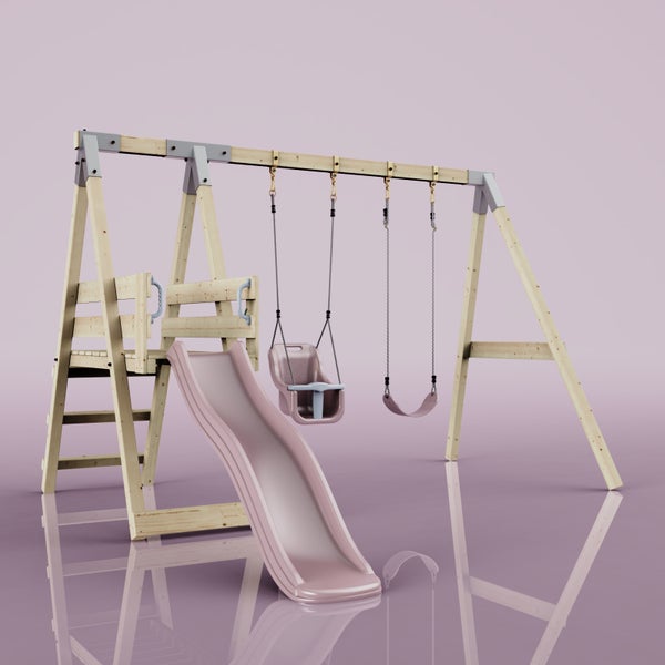 Schaukelgestell aus Holz mit Rutsche, einem Babysitz und einem Schaukelsitz.