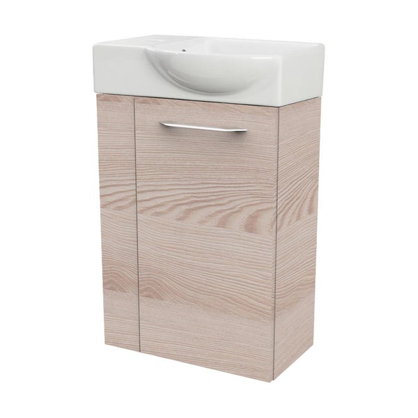 Fackelmann B.CLEVER Gäste-WC Set 2 Teile – Waschtischunterschrank in Holz Braun mit Waschbecken aus Keramik – SBC Waschbeckenunterschrank schmal – Türanschlag rechts – Hahnloch links – 45 cm breit