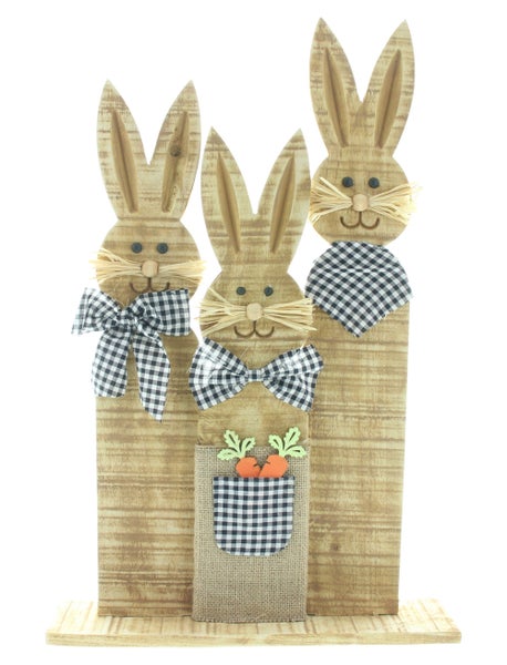 FRANK FLECHTWAREN | Hasentrio Karo-Look, HOLZ, TEXTIL, BAST, 38 x 9 x 58 cm