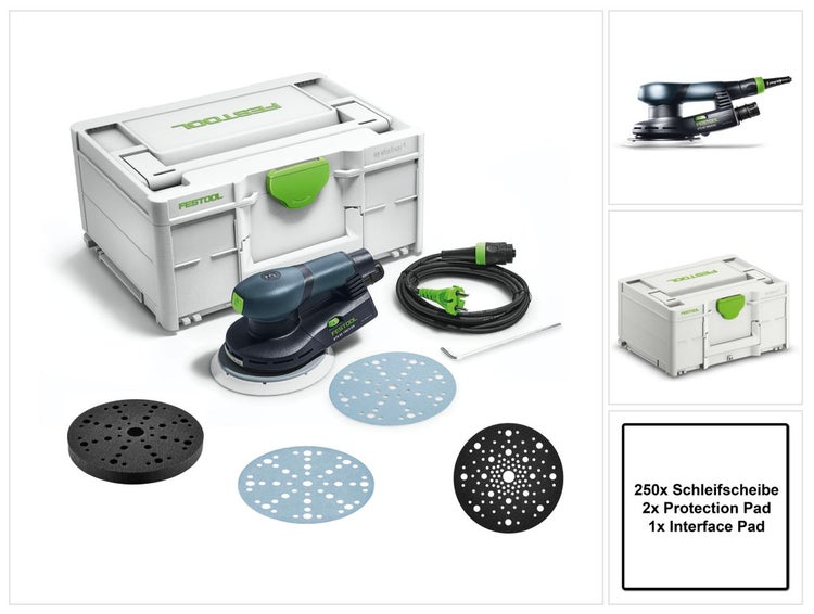 Festool ETS EC150/3 EQ-Plus Exzenterschleifer 400 W 150 mm Brushless + 250x Schleifscheiben + 2x Protection Pad + Interface Pad + systainer