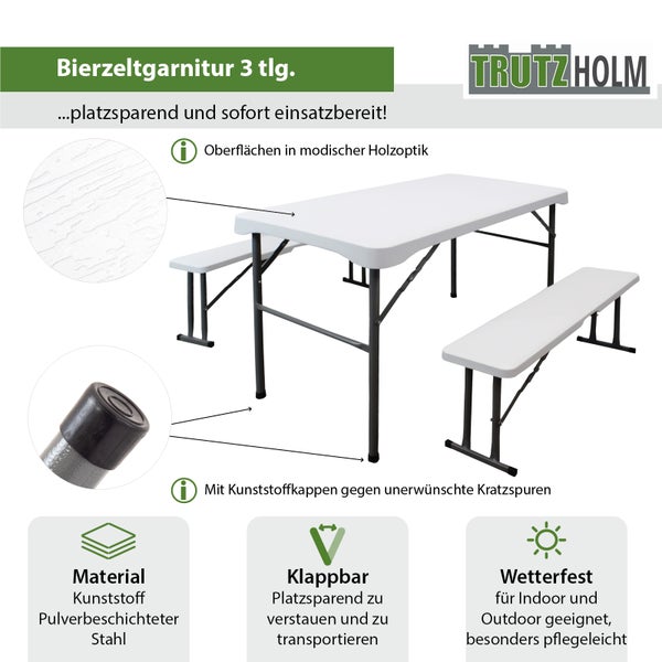 Trutzholm Bierzeltgarnitur dreiteilig klappbar aus Kunststoff und Stahl mit Holzoptik Oberfläche für Innen und Außen.