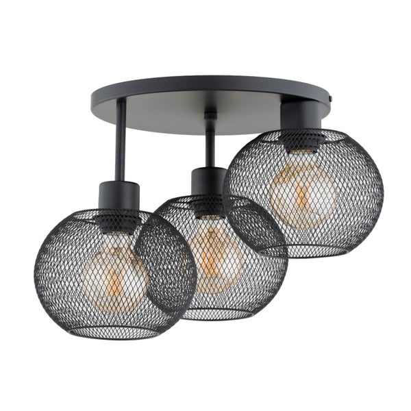 Drei flammige Deckenleuchte mit kugelförmigen Metallgitter-Schirmen in modernem Design.