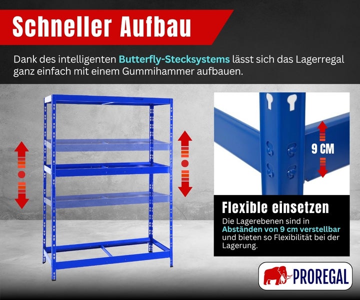 Lagerregal aus Metall mit Butterfly-Stecksystem. Die Fachböden sind in Abständen von 9 Zentimetern flexibel höhenverstellbar. Proregal Logo.