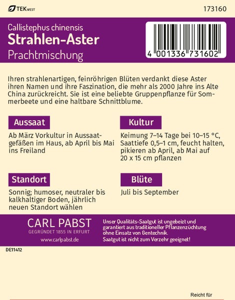 Rückseite einer Samentüte für Strahlen-Aster Prachtmischung mit Informationen zu Aussaat, Kultur, Standort und Blütezeit.