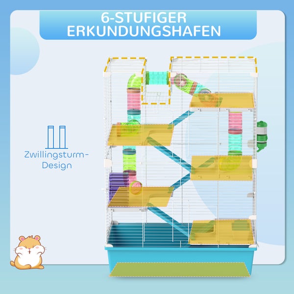PawHut Hamsterkäfig, 6-stöckiger Kleintierkäfig mit Röhren, Tunnels, Hütte, Laufrad, Futterschale, Wasserflasche, Rampen, für Zwerghamster und Gerbils, 58 x 36 x 81 cm Hellblau