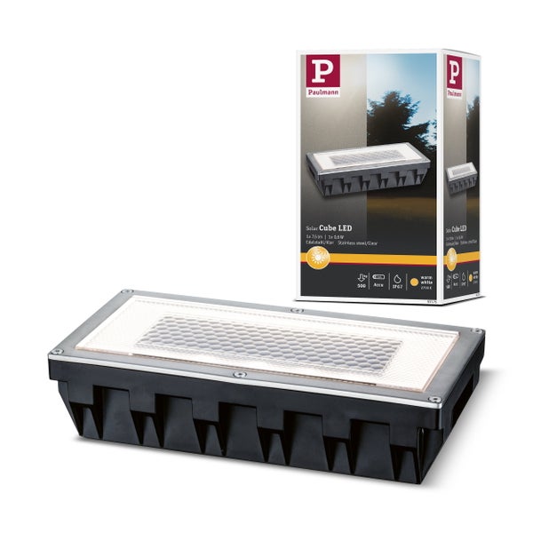 Paulmann Solar Cube LED Solar-Bodeneinbauleuchte aus Edelstahl mit Verpackung, warmweißes Licht, staubdicht und wassergeschützt.