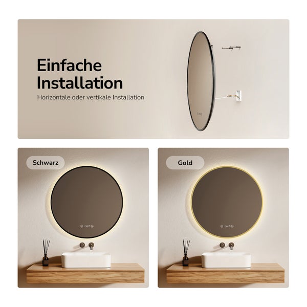 Runder Badezimmerspiegel mit LED-Hintergrundbeleuchtung, Rahmen in Schwarz und Gold sowie Darstellung der horizontalen oder vertikalen Installation.