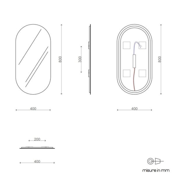 Ovaler LED-beleuchteter Rückspiegel umkehrbar 400x800 - IP44 - 4000K