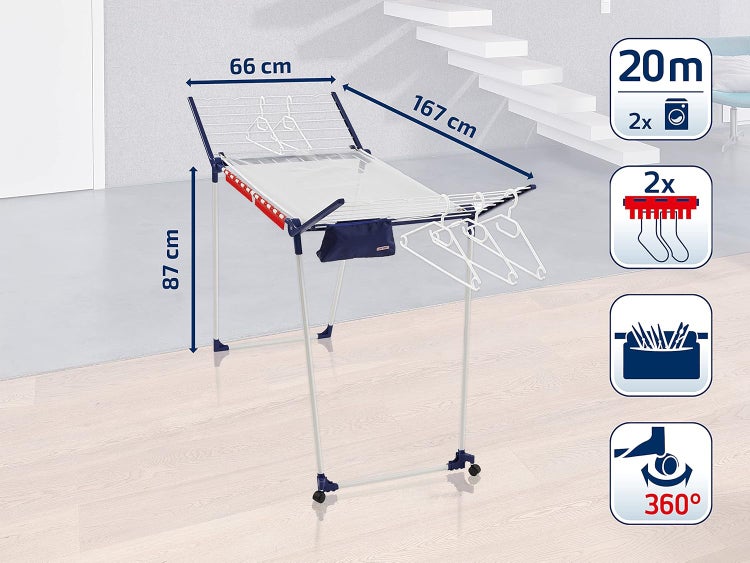 Leifheit Standtrockner Pegasus 200 Solid Deluxe Mobile mit 20 m Trockenlänge, Wäscheständer für lange Wäsche, Flügelwäschetrockner mit Kleiderbügelstangen