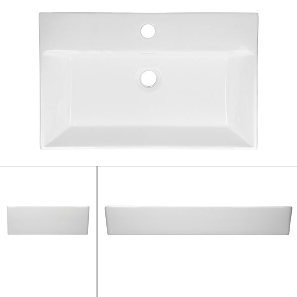 ECD Germany Waschbecken Waschtisch 605x365x130mm Keramik Eckig Weiß + Wasserhahn ausziehbare Brause Standard Chrom + Ablaufgarnitur Pop-Up Ventil Chrom, Aufsatzwaschbecken Aufsatzwaschtisch Waschplatz