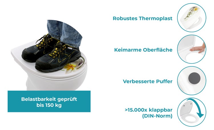 Calmwaters® WC Sitz mit Absenkautomatik Wellness-Motiv Plumeria, Thermoplast Toilettendeckel, abnehmbar, Top-Fix, universale O-Form, ovaler Toilettensitz, Komfort Klodeckel, Wellness-Dekor, 26LP5005
