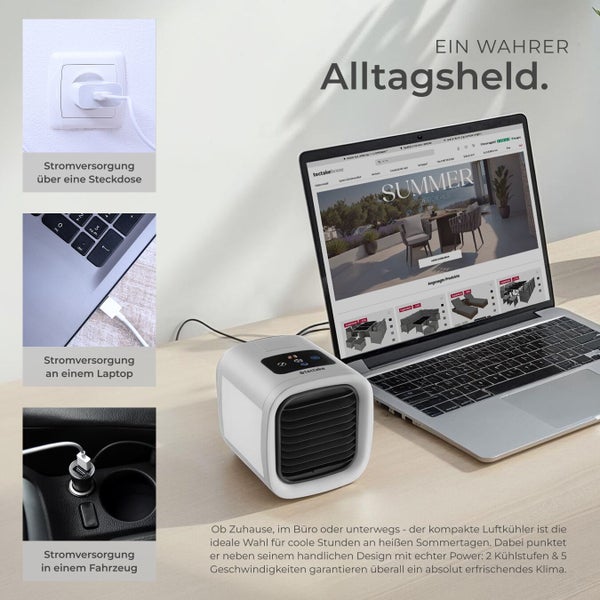 Kompakter Luftkühler auf einem Schreibtisch neben einem Laptop, mit Details zur Stromversorgung über Steckdose, Laptop und USB im Fahrzeug.