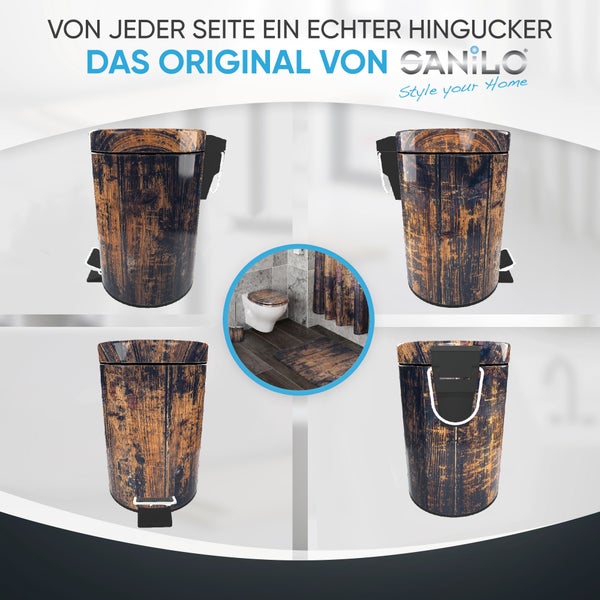 Sanilo Tretabfalleimer in rustikalem Holz-Design aus vier verschiedenen Ansichten sowie ein Anwendungsbeispiel im Badezimmer.