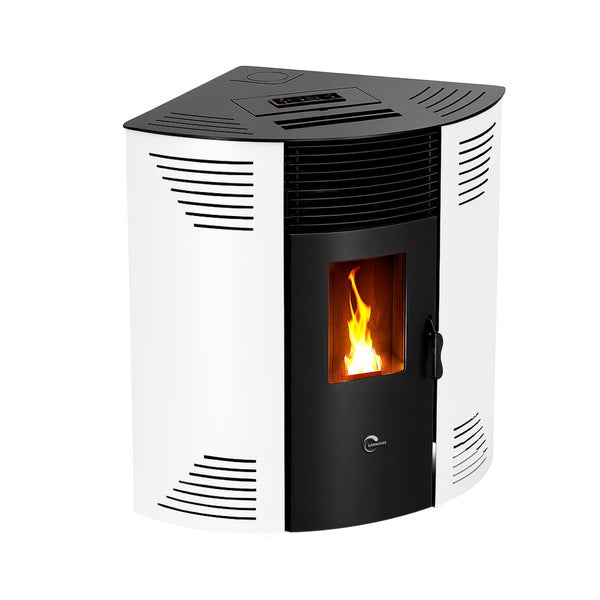 Sannover Eck-Pelletofen mit Sichtfenster und brennender Flamme, schwarz und weiß, modernes Design mit Lüftungsschlitzen.