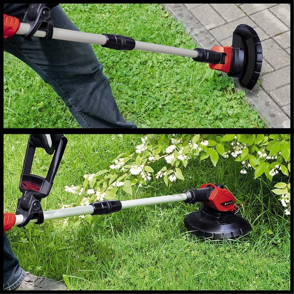 Einhell Akku Rasentrimmer bei der Arbeit an einer Rasenkante und beim Kürzen von Gras unter einem Strauch.