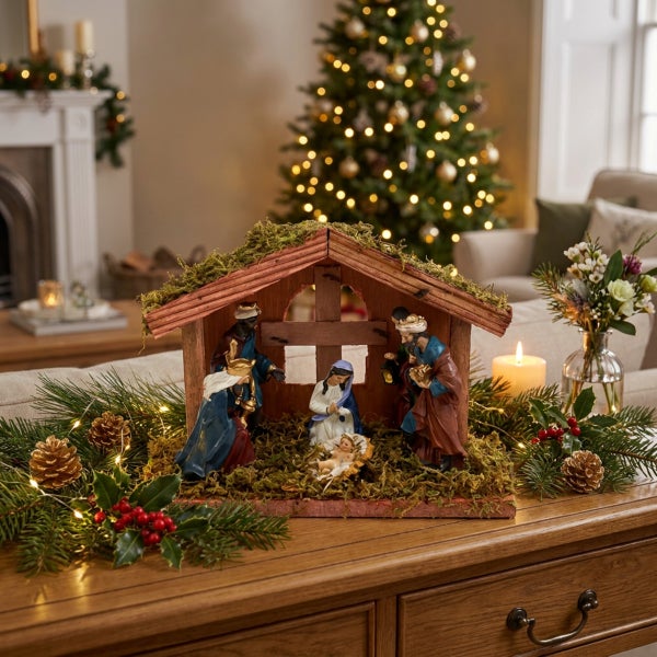 Weihnachtskrippe aus Holz mit Figuren in einem Wohnzimmer dekoriert mit Tannenzweigen, Zapfen und einer beleuchteten Kerze vor einem Weihnachtsbaum.