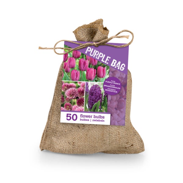 Jutesack Purple Bag mit 50 Blumenzwiebeln, Mischung aus Tulpen, Allium und Hyazinthen.