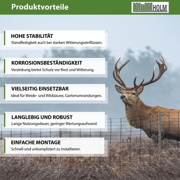 Produktvorteile eines Wildzauns mit Hirsch im Hintergrund und TrutzHolm Logo.