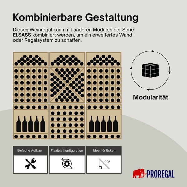 Proregal Weinregal-System Elsass: Infografik zur Modularität, flexiblen Konfiguration, einfachen Montage und Eignung für Ecken.