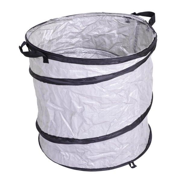 Silberner Pop-up-Gartensack aus Kunststoff mit schwarzen Tragegriffen und Verstärkungsringen.