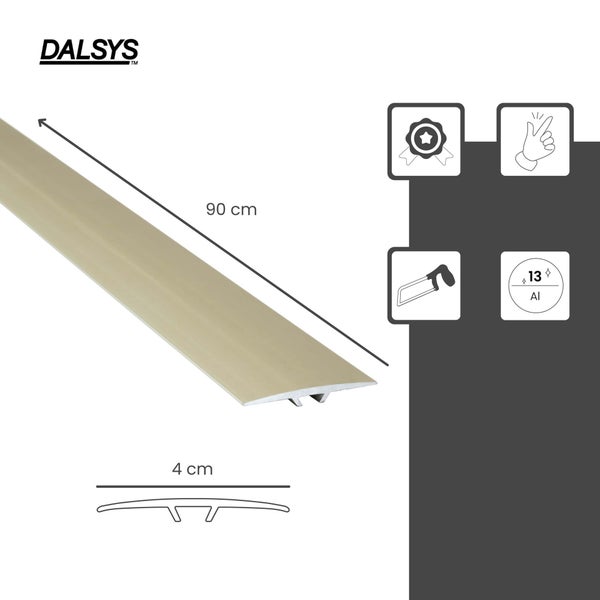 Dalsys Logo, Übergangsprofil aus Aluminium, 90 Zentimeter lang und 4 Zentimeter breit, mit Symbolen für Qualität, Montage und Zuschnitt.