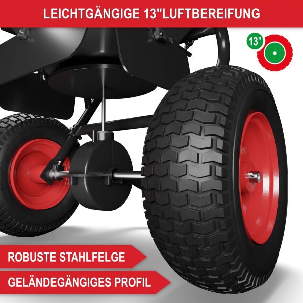 13 Zoll Luftbereifung mit Geländeprofil und Stahlfelge für Gartenwagen oder Streuwagen.