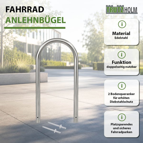Trutzholm Fahrrad Anlehnbügel aus Edelstahl für beidseitige Nutzung mit Bodenanker zur sicheren Befestigung im Außenbereich.