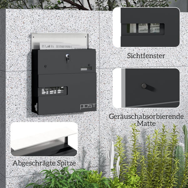 HOMCOM Briefkasten Wandbriefkasten aus Stahl mit Sichtfenster, Schloss, Kupferkern, Postkasten für Outdoor, 37 x 10,5 x 37 cm, Dunkelgrau