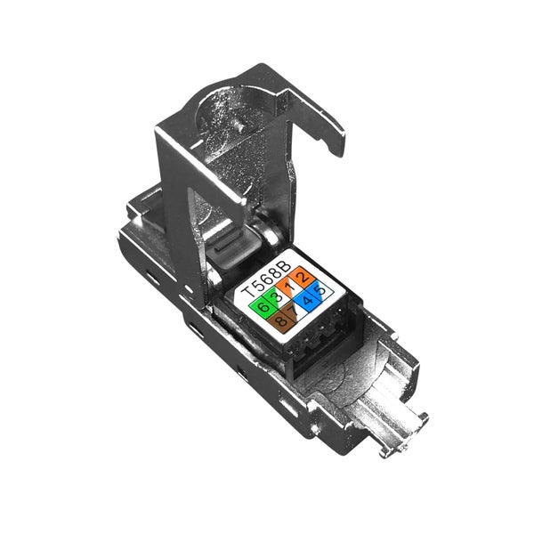 RJ45 Keystone-Modul aus Metall mit aufgeklapptem Verschluss und T568B-Verdrahtungsschema.