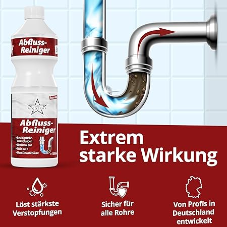 Ricostar Abflussreiniger 1000ml – Extra starker Rohrreiniger gegen Verstopfungen, Haare & Gerüche – Flüssiger Abflussreiniger für Küche, Bad & Dusche – Materialschonend & Made in Germany