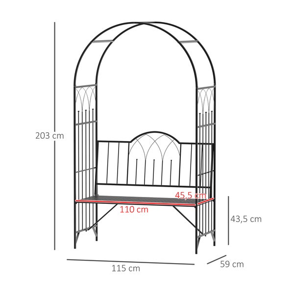 Outsunny Rosenbogen mit Bank, Gartenbank, 115 x 59 x 203 cm, Metall, Schwarz