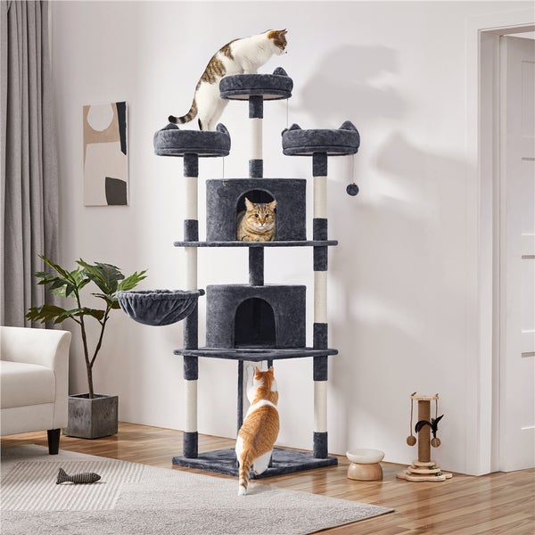 Katzenkratzbaum mit mehreren Ebenen, Höhlen und Katzen