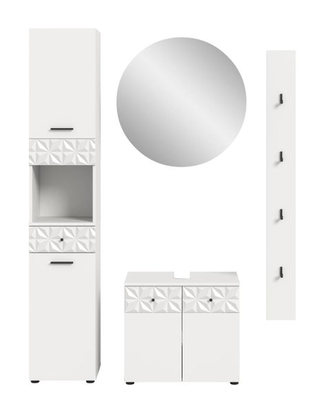 Badezimmermöbel-Set bestehend aus Hochschrank, Waschbeckenunterschrank, rundem Spiegel und Hakenleiste in Weiß mit geometrischer Frontstruktur.