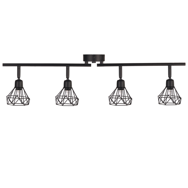 Schwarze Deckenleuchte mit vier Strahlern und Drahtschirmen