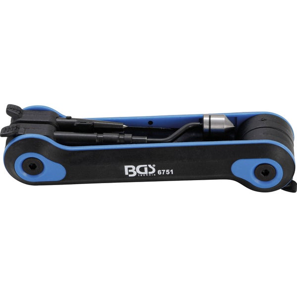 BGS Technic Klapp-Haken- und Pick-Satz 6751 mit ausklappbaren Metallwerkzeugen in einem schwarz-blauen Gehäuse.
